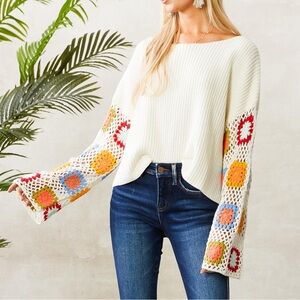 Long Sleeve Granny Square Crochet Sweater